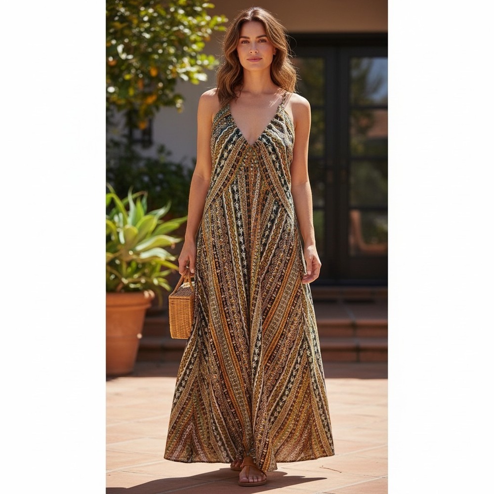 Boho Geometric Stripe V-Neck Maxi Dress Green Mustard Side Split Zip Back